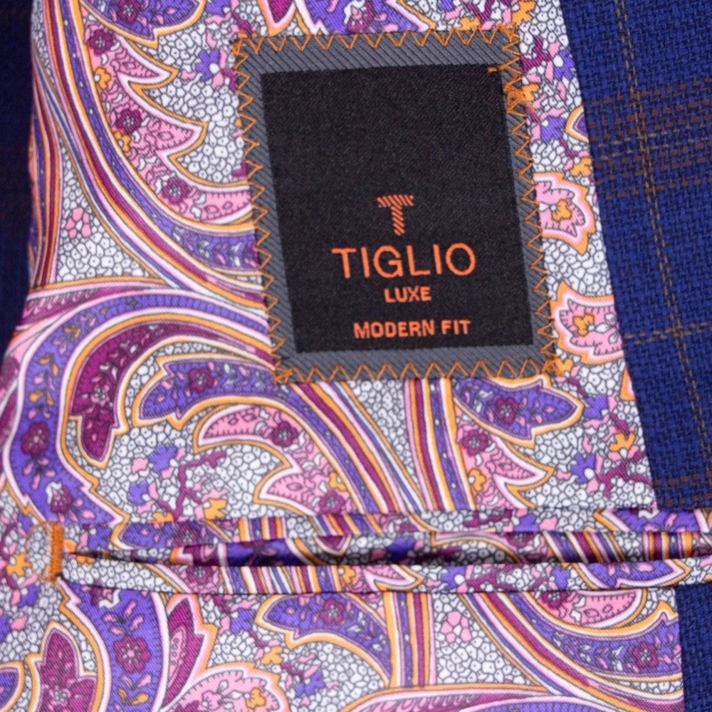 Tiglio Luxe Modern Fit Blazer Mens 52R Blue Plaid Wool Paisley Lining Biella